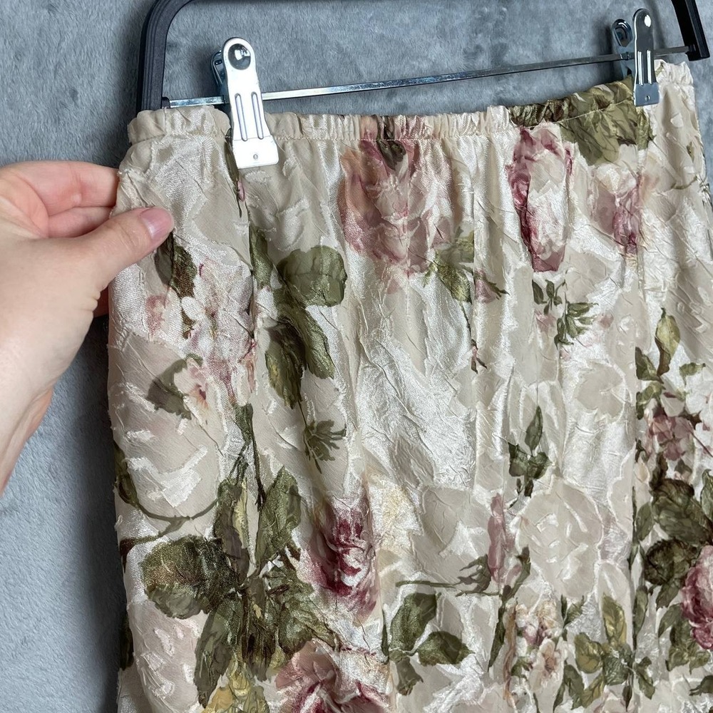 Vintage 90s Cottagecore Crinkle Satin Maxi Skirt Plus 18 Floral Stretch Waist - Picture 7 of 8